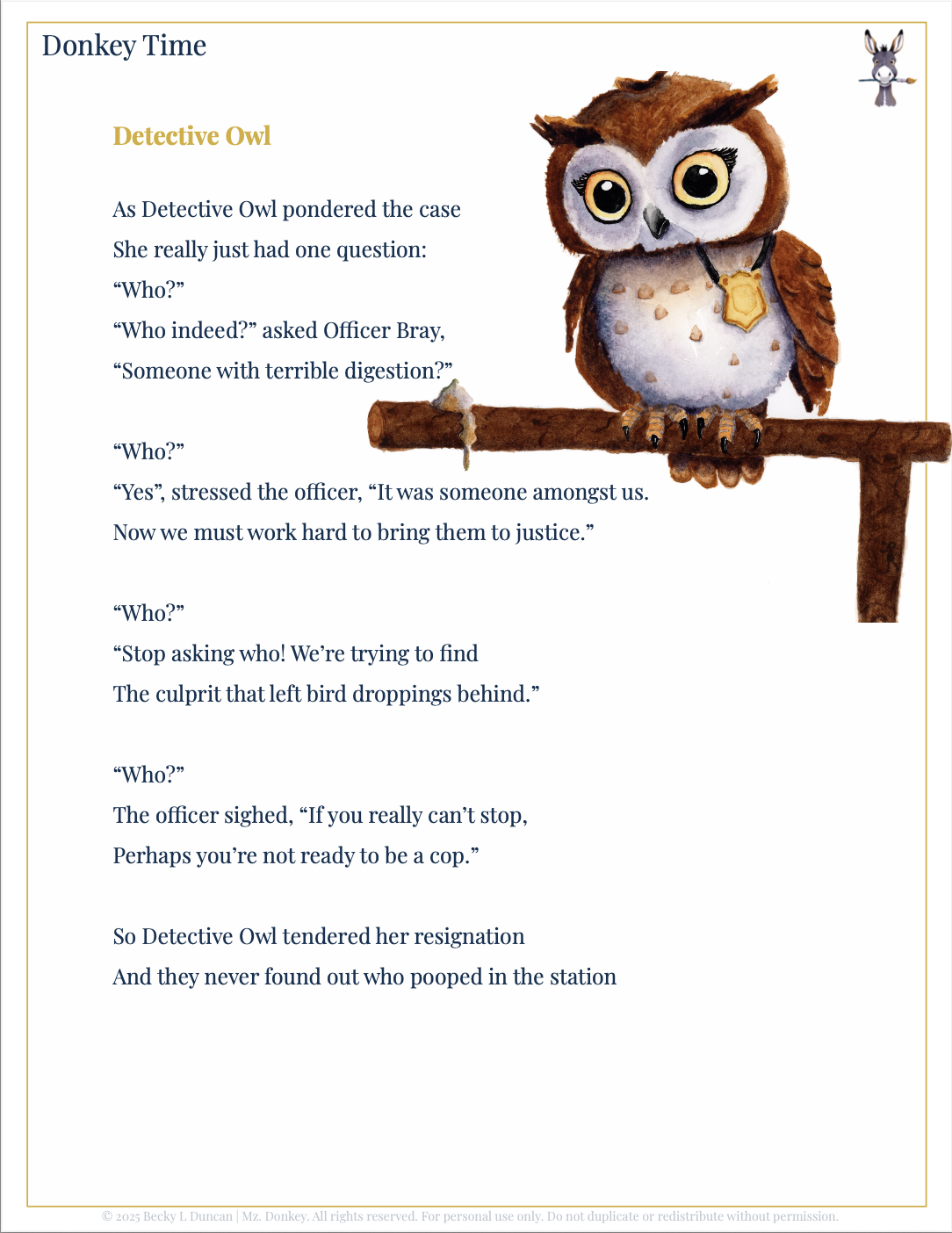 Donkey Time poem sample featuring Detective Owl