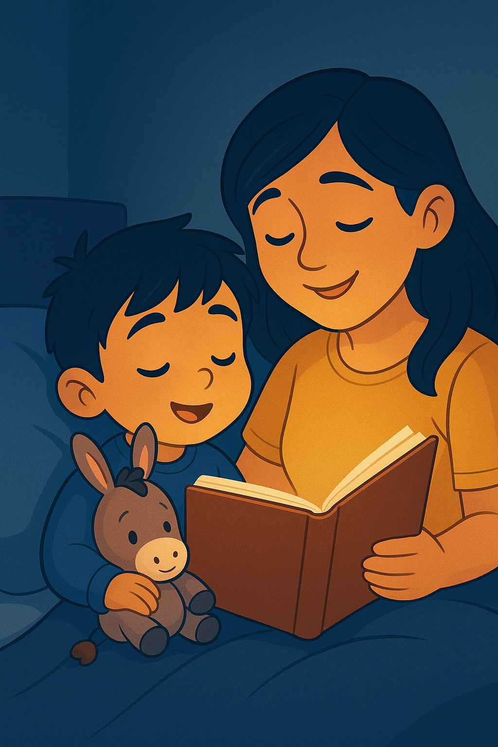 Mom reading to child in bed