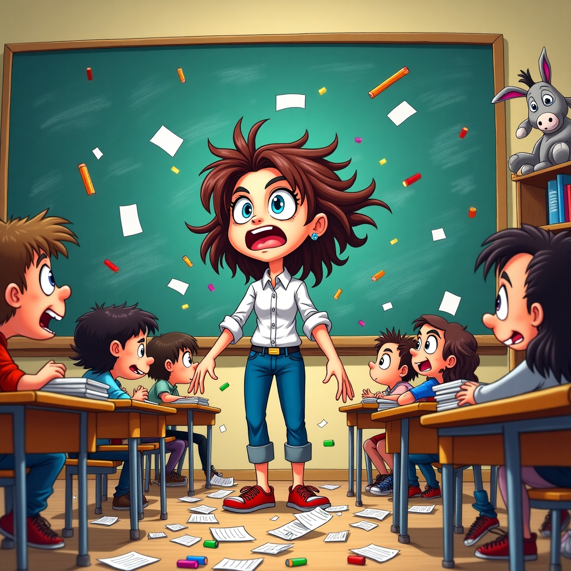 Overwhelmed teacher with chaotic classroom